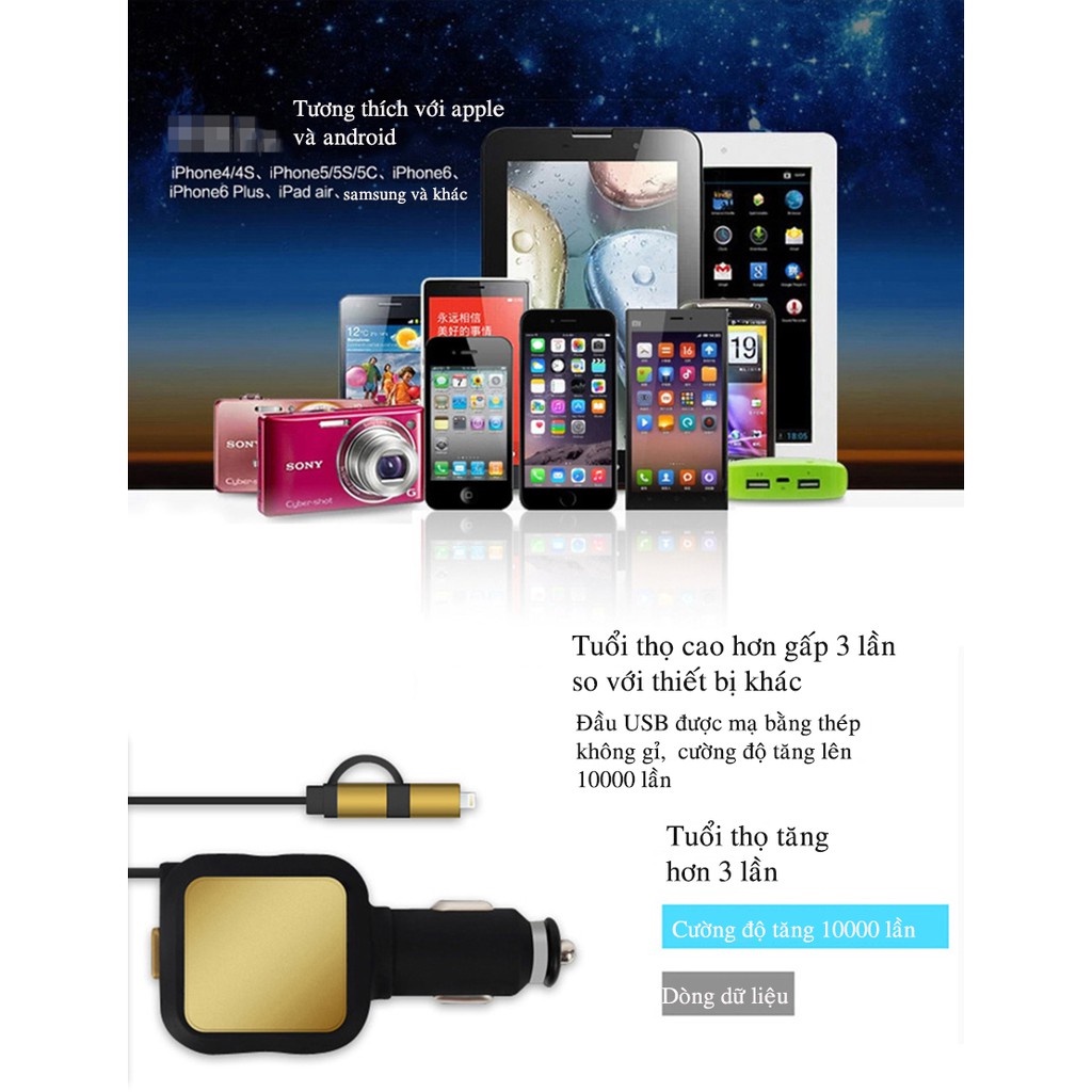 Tẩu sạc dây rút gọn ô tô 2 chân usb và 1 dây sạc thông minh dài 85 cm sẵn chân micro-usb và ip