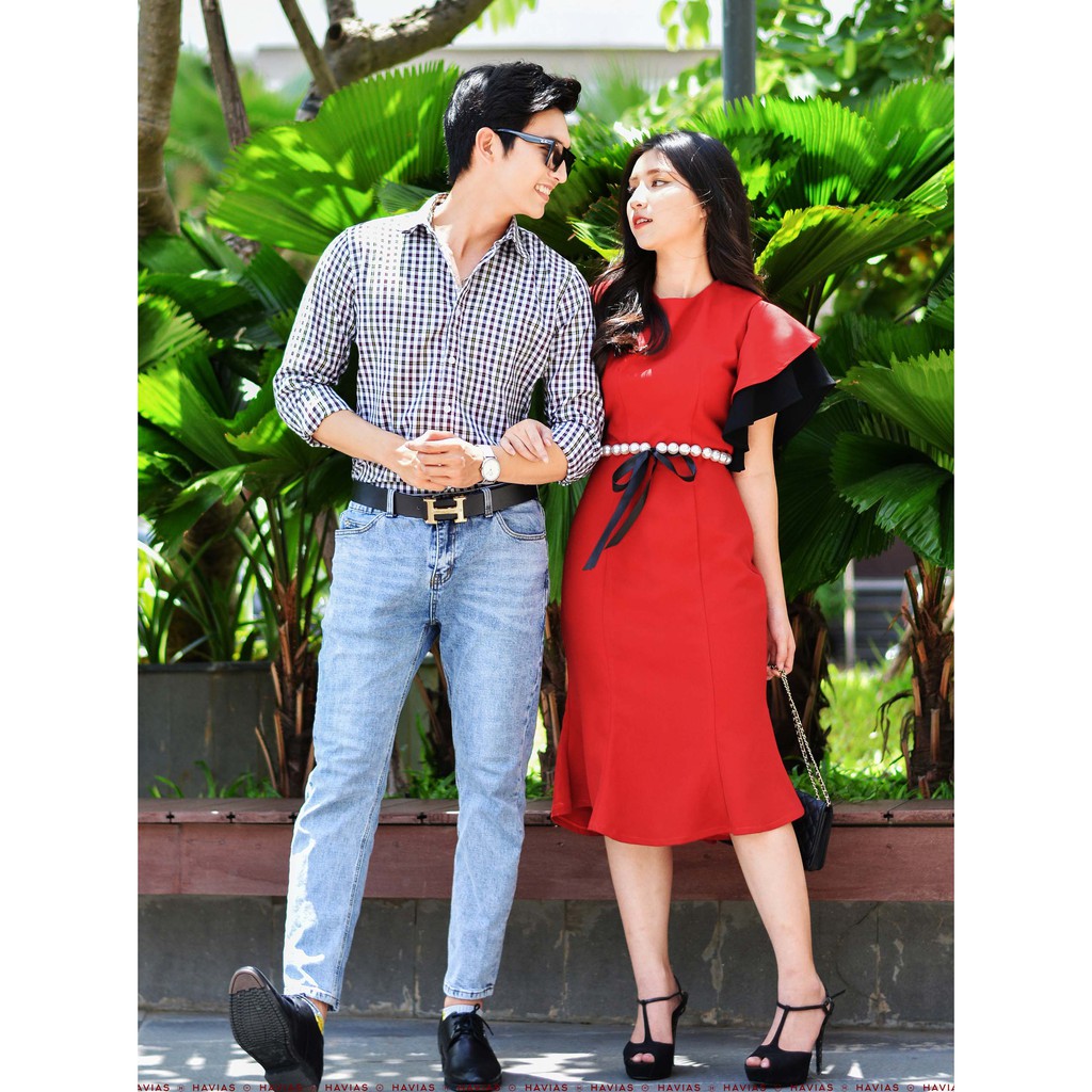 Đồ đôi Đầm Sơ Mi Couple Premium Color Cross Shirt &amp; Pearl Belt Dress HAVIAS