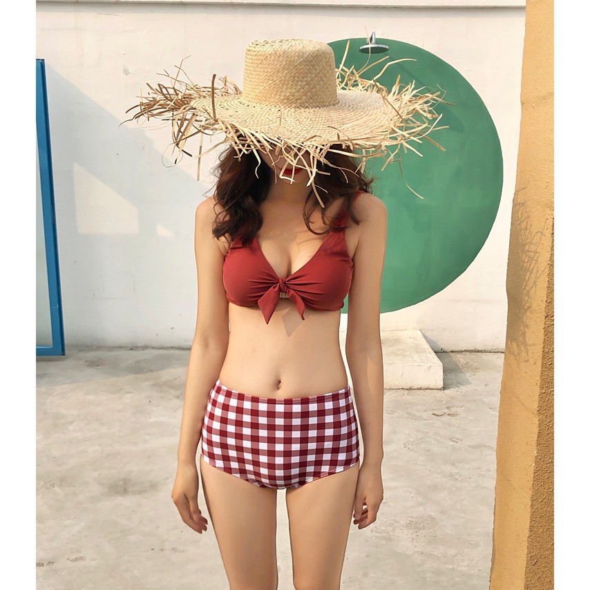 Bikini retro cạp cao caro đỏ hàn quốc cao cấp (ảnh thật + feedback) yesnow | BigBuy360 - bigbuy360.vn