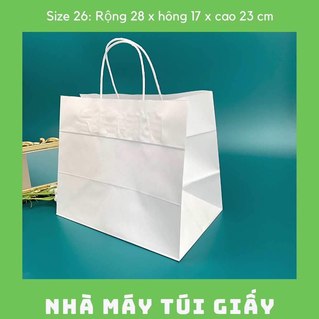 100 CHIẾC TÚI GIẤY KRAFT SIZE 26: 28x17x23 CM MÀU TRẮNG CÓ QUAI ( ẢNH THẬT)