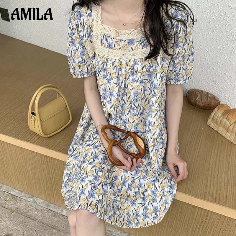 Đầm AMILA dáng rộng tay ngắn che bụng họa tiết hoa phong cách phương tây thời trang xuân hè dành cho mẹ bầu