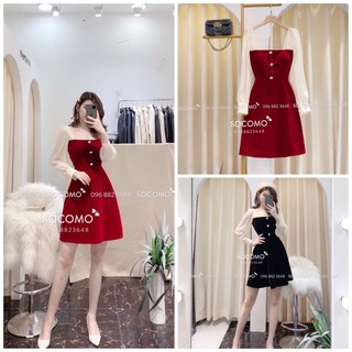 Đầm nhung cổ vuông phối cúc tay be 2 màu