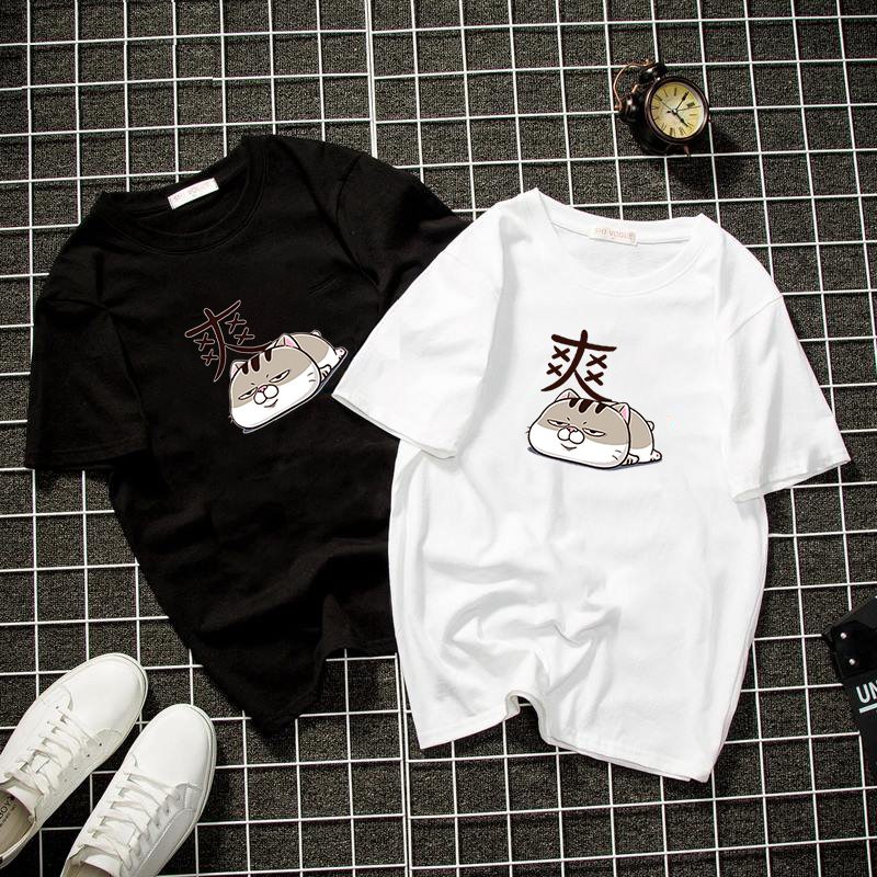 Áo thun unisex form rộng in mèo bụng bự chibi dễ thương vải dày mịn 2019T1133