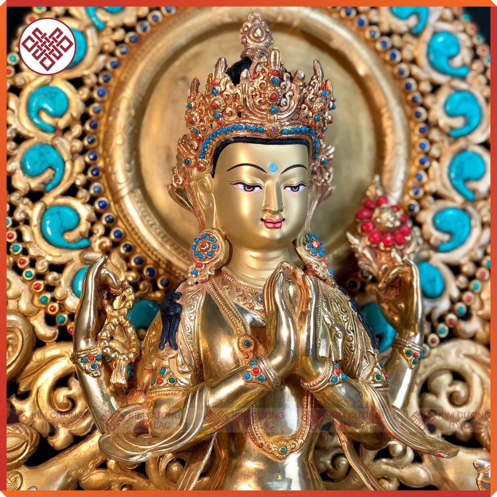 Tượng Phật Quan Âm Tứ Thủ Mật Tông [Kim Cương Hỷ Lạc] Nepal Cẩn Đá 33Cm