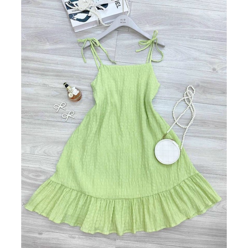 Đầm xốp 2 dây cột nơ vai, sang chảnh dáng xòe nhiều màu có hình thật