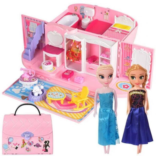 Đồ chơi mô hình phòng ngủ nhà dream house Elsa Anna 2 tầng gấp trong túi xách