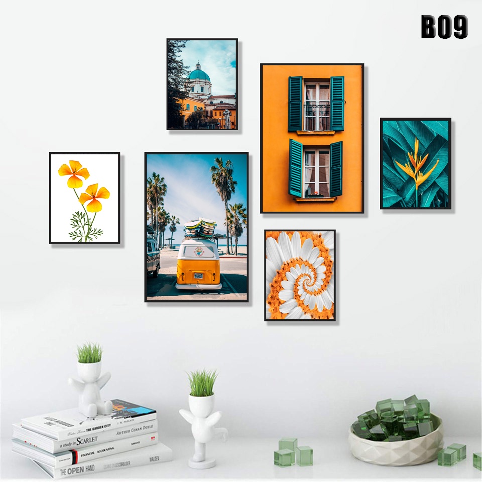 Bộ 6 bức tranh treo tường có khung gỗ ,tranh decor đa dạng