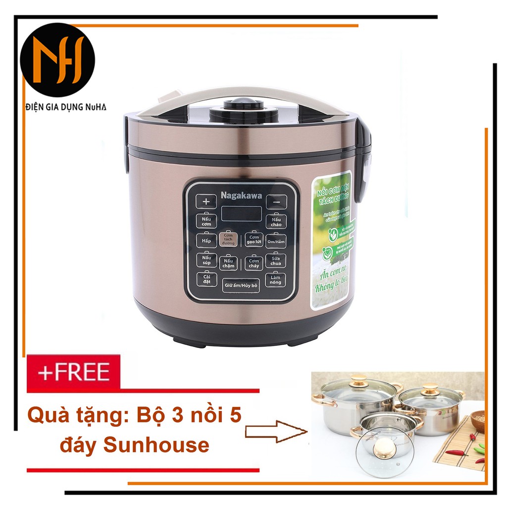 Nồi cơm điện tách đường Nagakawa NAG0120 dung tích 1.8L cân cho sức khỏe, ngừa bệnh trị bệnh chống béo - Tặng bộ 3 nồi