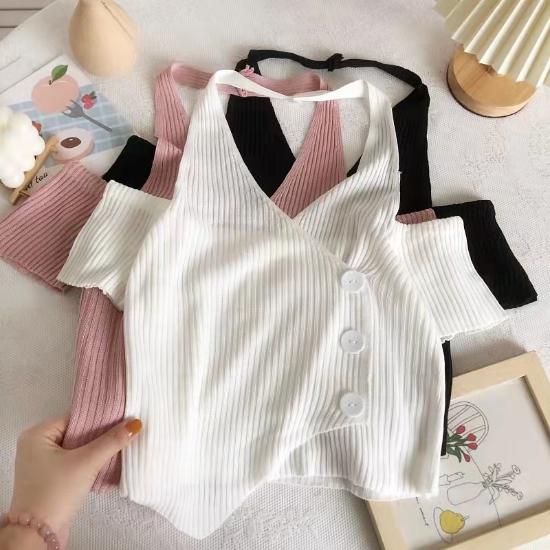 SUXI Áo Croptop Dệt Kim Tay Ngắn Cổ Chữ V Thiết Kế Trễ Vai Thời Trang Mùa Hè Mới Cho Nữ