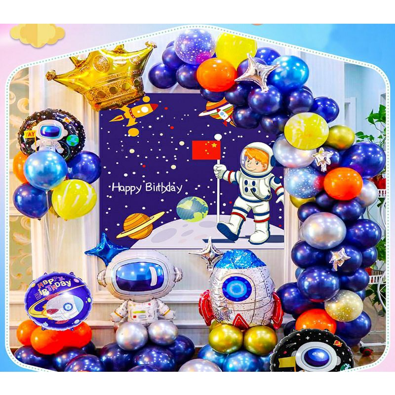 Combo đầy đủ kèm nền background bóng bay trang trí phi hành gia bóng đá khủng long bóng bay trang trí sinh nhật bé trai