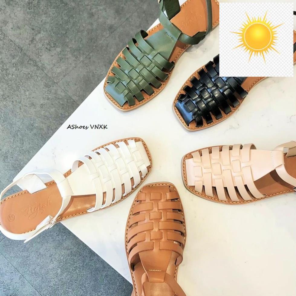 Giày sandal rọ nữ nền nâu bít mũi sáu dây/ sandal chiến binh đế bệt hở gót | AShoes VN 🚴👪