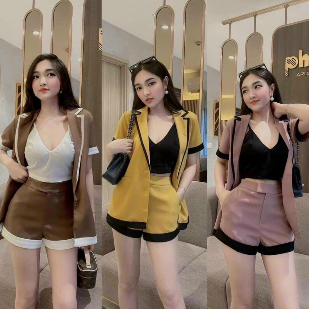 Sét bộ 3 món đồ nữ áo vest ngắn tay chỉ viền phối Croptop sang chảnh, xinh xắn đi chơi, dự tiệc