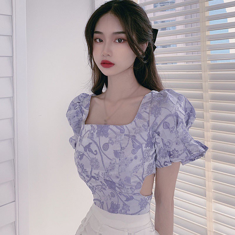 Áo kiểu cổ vuông tay phồng phong cách retro Pháp ngọt ngào cho nữ