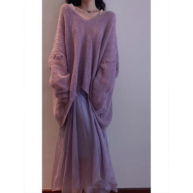 Bộ Áo sweater Hoa Chuông + Chân Váy Màu Tím Phong Cách Pháp Thời Trang Mùa Thu Cao Cấp Cho Nữ