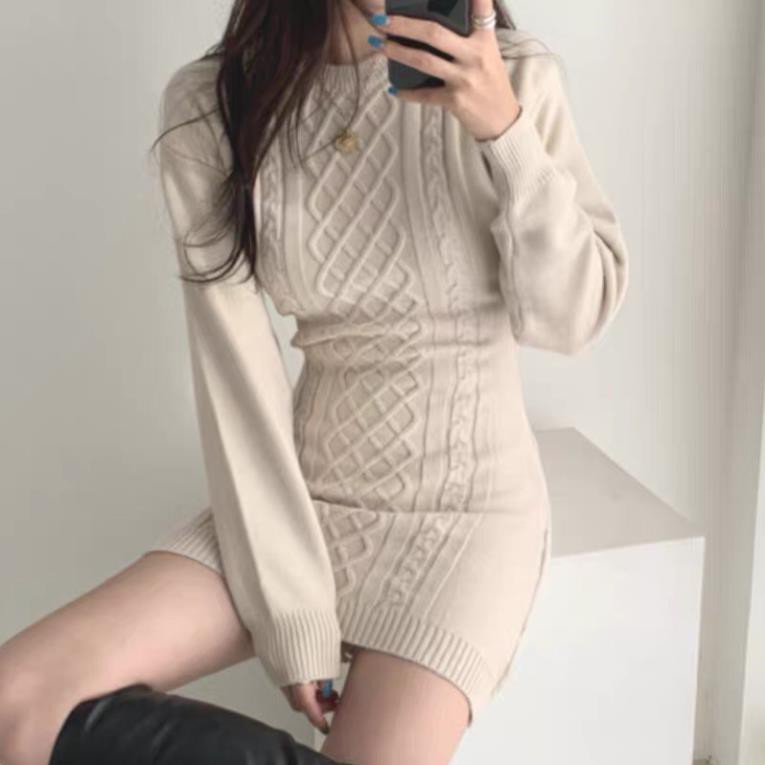 (ảnh thật) Váy đầm len ôm body tay phồng dài hở eo lưng sexy quyến rũ ulzzang 2020 ་ ⚡