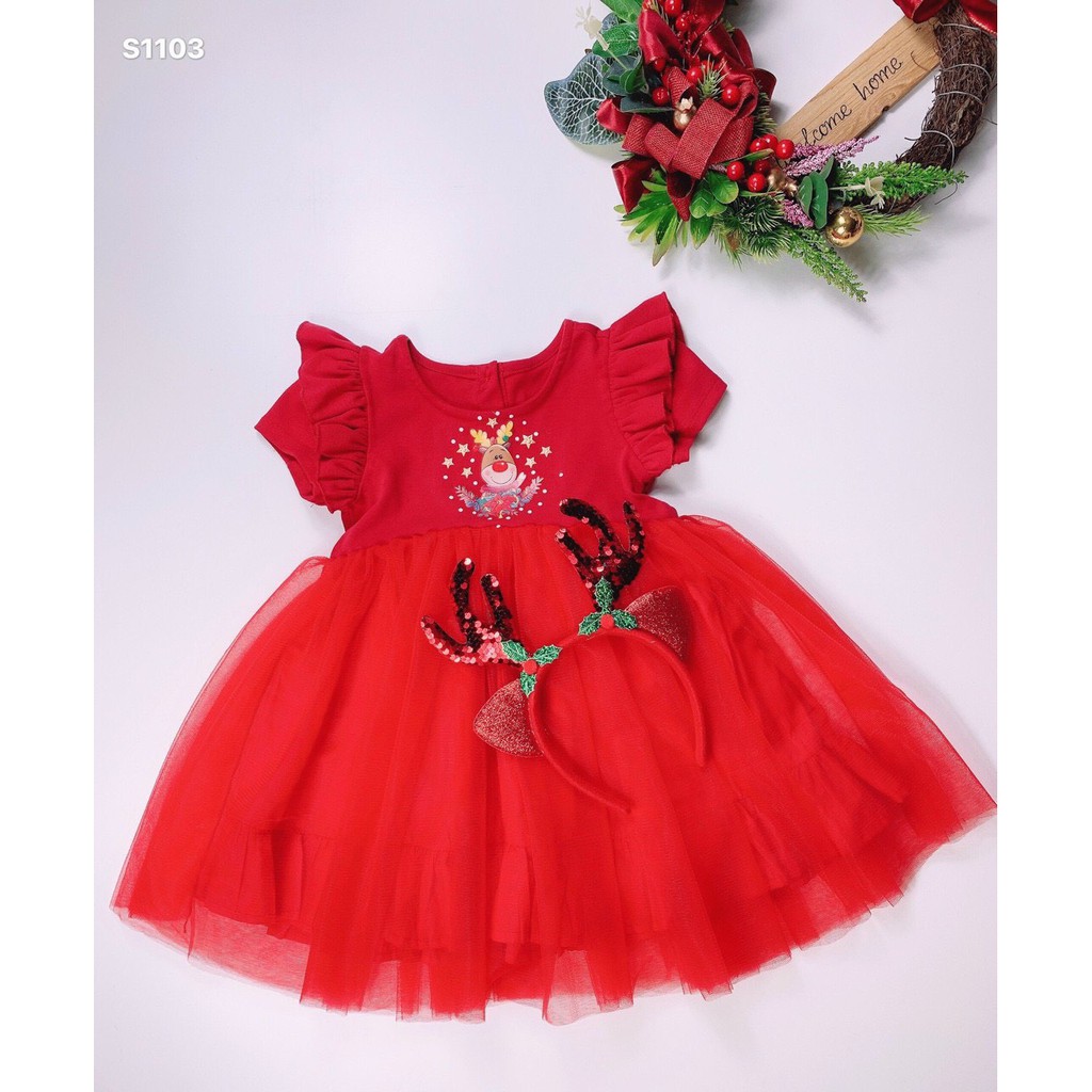 Váy đầm bé gái màu đỏ diện noel Tết chất nhung mềm tặng kèm cài đầu bờm tuần lộc cho bé từ 5kg đến 18kg