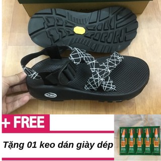 (FREE SHIP 99K) Dép quai hậu Chaco nam/nữ dây đen phối kẻ trắng trẻ trung + Tặng 01 keo dán giày dép