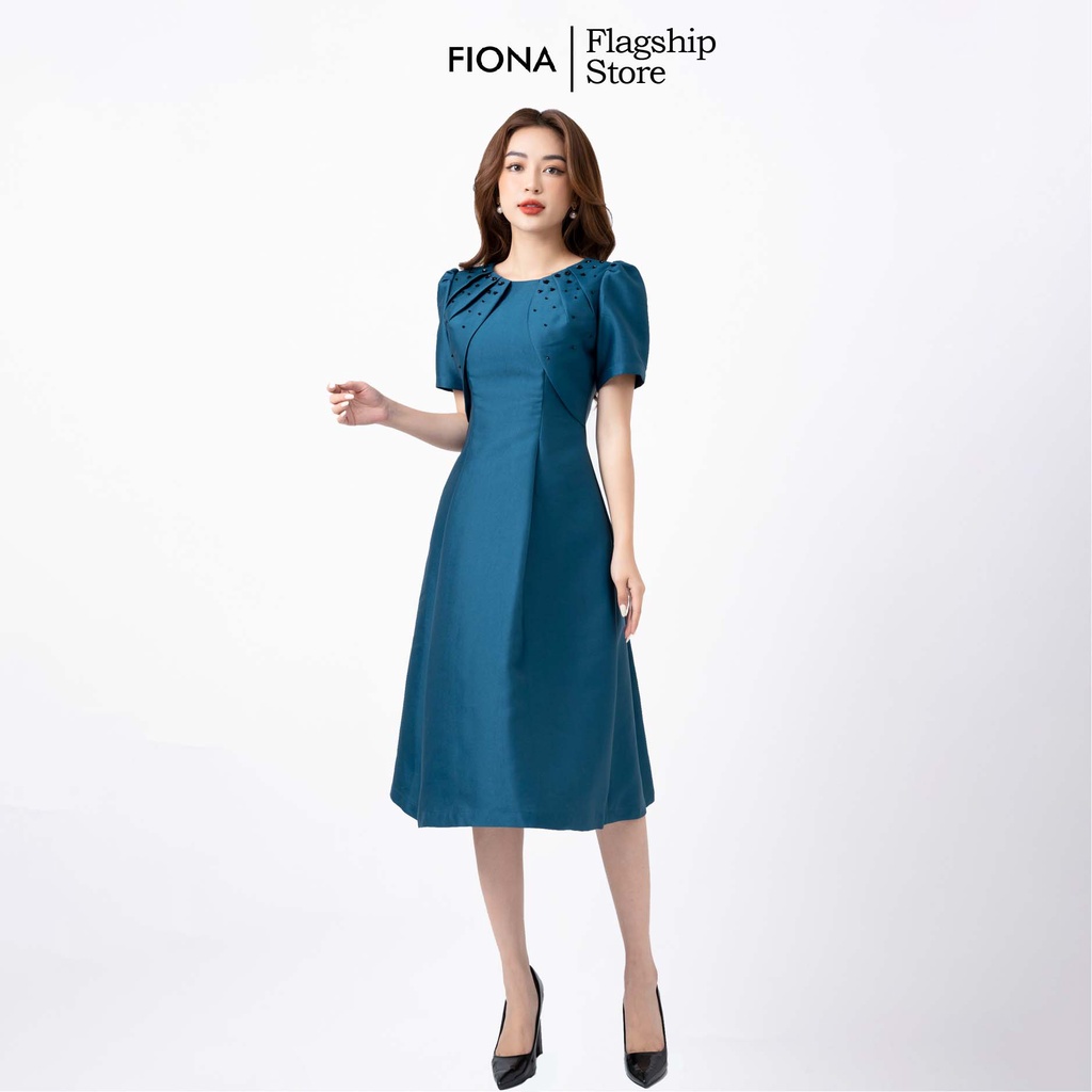 Đầm thiết kế cao cấp FIONA váy công sở nữ dáng dài tay ngắn ngực đính hạt trang trí trẻ trung L452013
