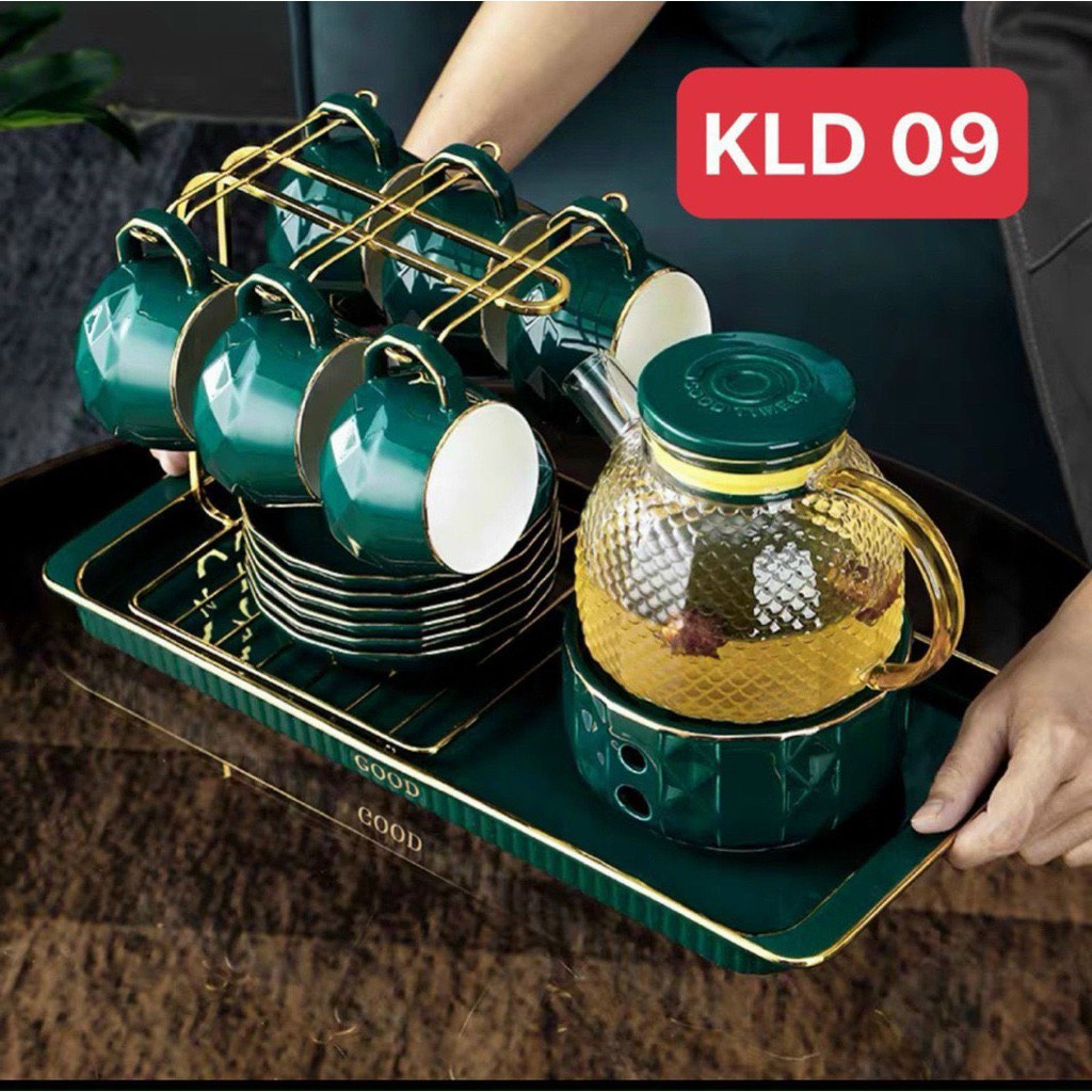 Bộ ấm chén sứ xanh cổ vịt có bếp đun trà KLD 09