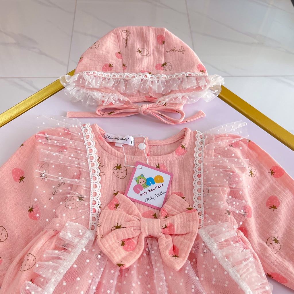 Bodysuit cho bé Màu hồng Nina Kids Boutique Body bé gái sơ sinh 0 24 tháng Set body xô muslin dâu tây Kèm Mũ và Bao chân