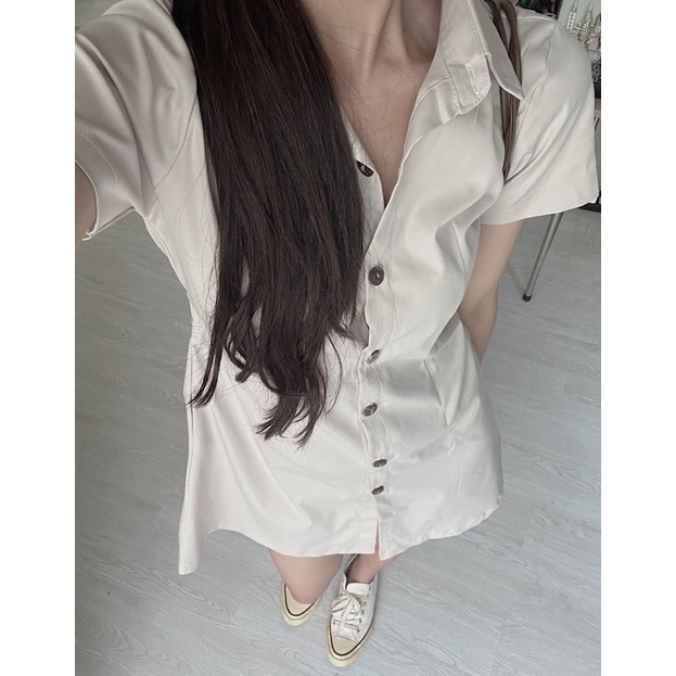 V729 Váy sơ mi AUDREY cài cúc chiết eo lưng chun ngắn tay nhiều màu dáng basic Hàn Quốc