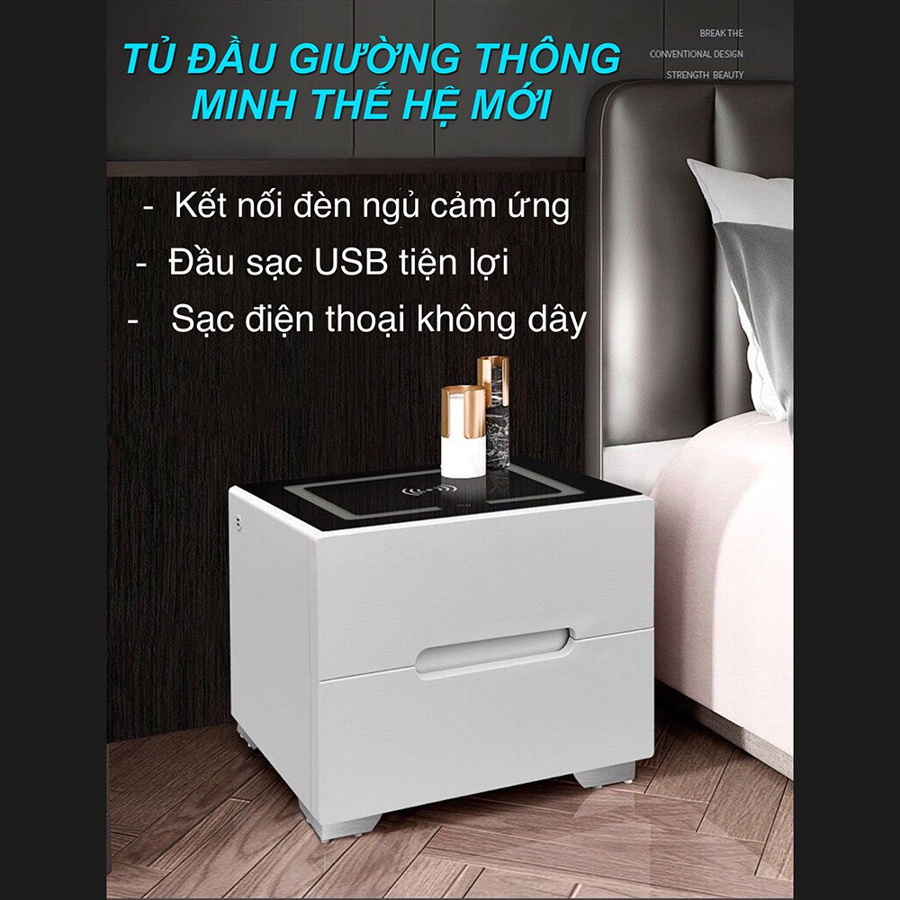 Tủ đầu giường thông minh có đèn led sạc điện thoại không dây thế kệ mới