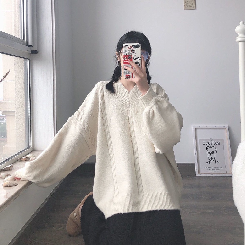 Mới Áo Sweater Dệt Kim Tay Dài Dáng Rộng Cổ Chữ V Màu Trơn Kiểu Hàn Quốc Xinh Xắn Cho Nữ