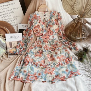 Đầm hoa cổ v phối bèo cutout eo