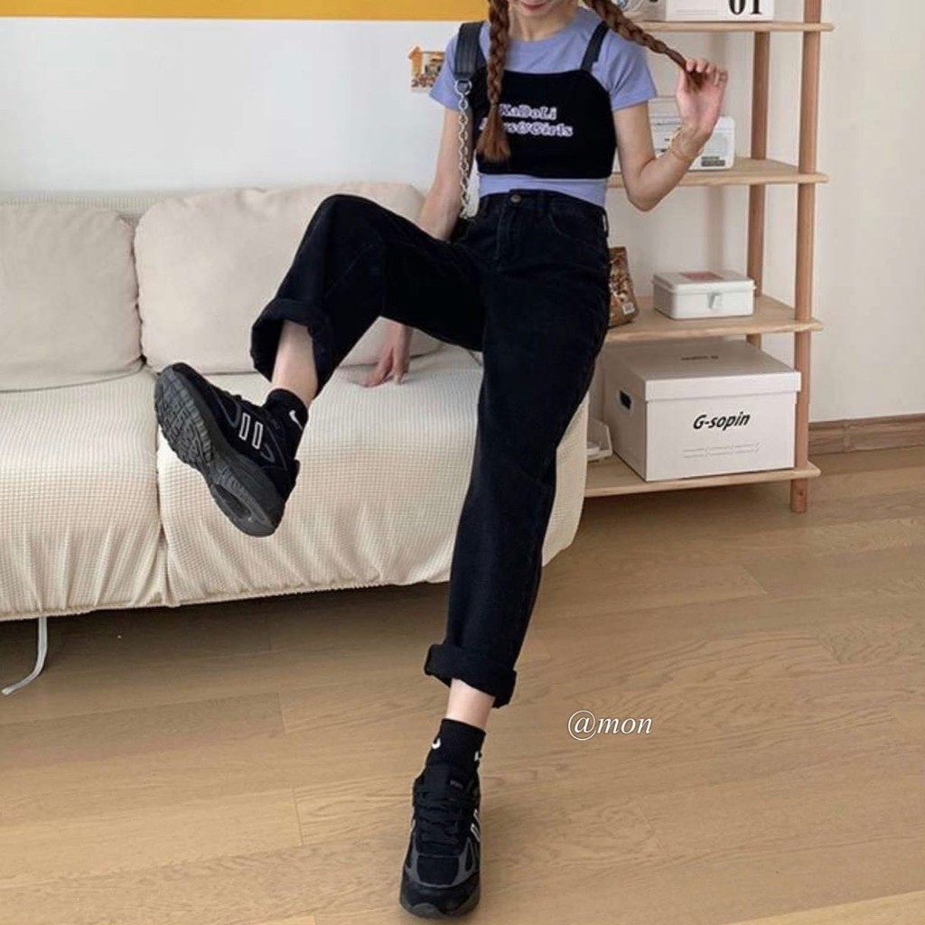 201053 Quần jeans ống rộng dáng suông vừa cho nữ chất jeans mềm màu đen trơn có size | BigBuy360 - bigbuy360.vn