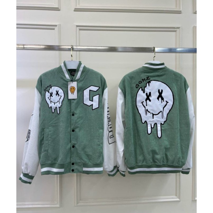 Áo khoác nhung kiểu bomber thêu hình icon mặt cười, Áo jacket varsity unisex nam nữ mẫu mới hot trend