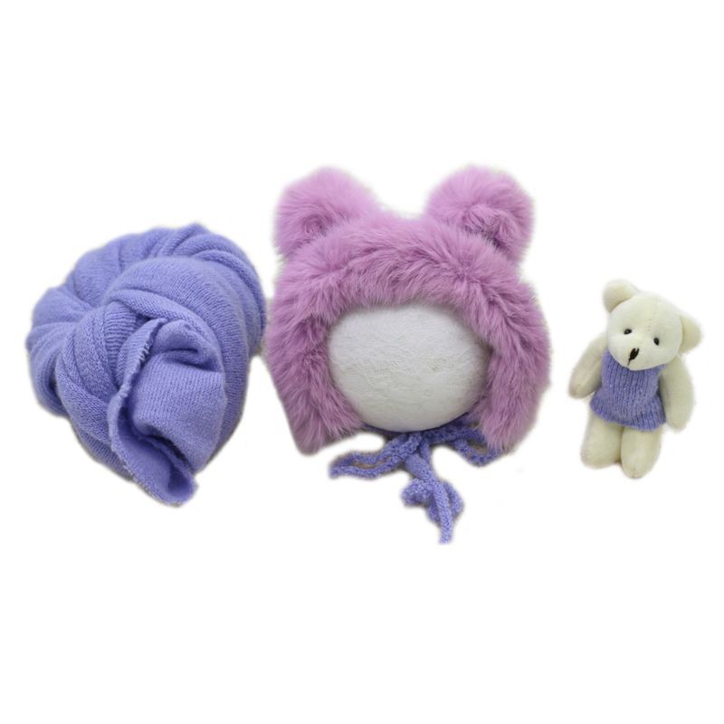 3 Pcs/set Newborn Photography Props Fluffy Stretch Knit Wrap with Cute Rabbit