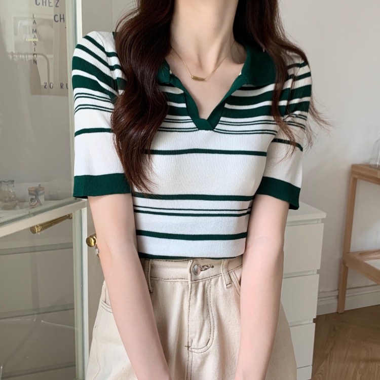 Áo thun ZHELIHANGFEI cổ polo tay ngắn họa tiết sọc ngang thời trang dành cho nữ