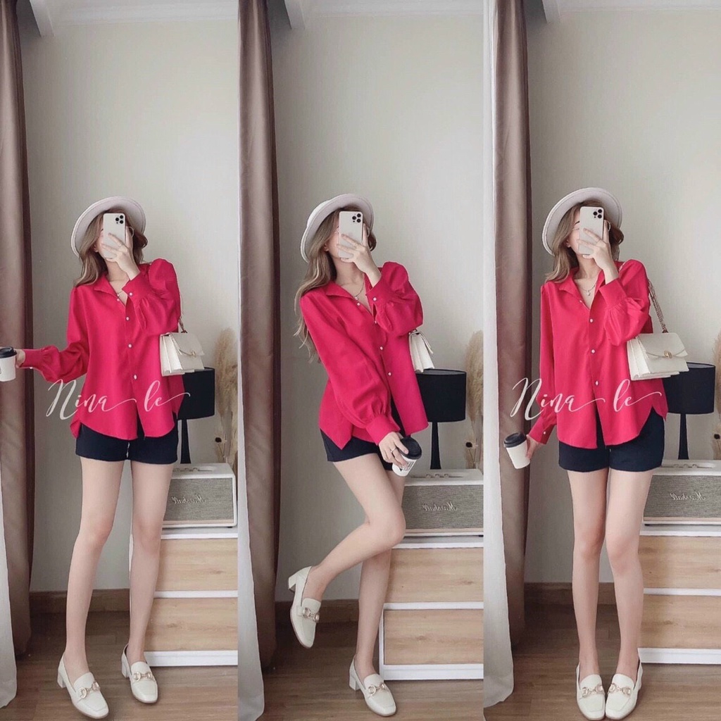 Set Áo Sơ Mi Hồng Tay Dài Bồng Đính Nút Ngọc Quần Sooc Đen Umi Mặc Thoải Mái Dễ Chịu Dễ Thương