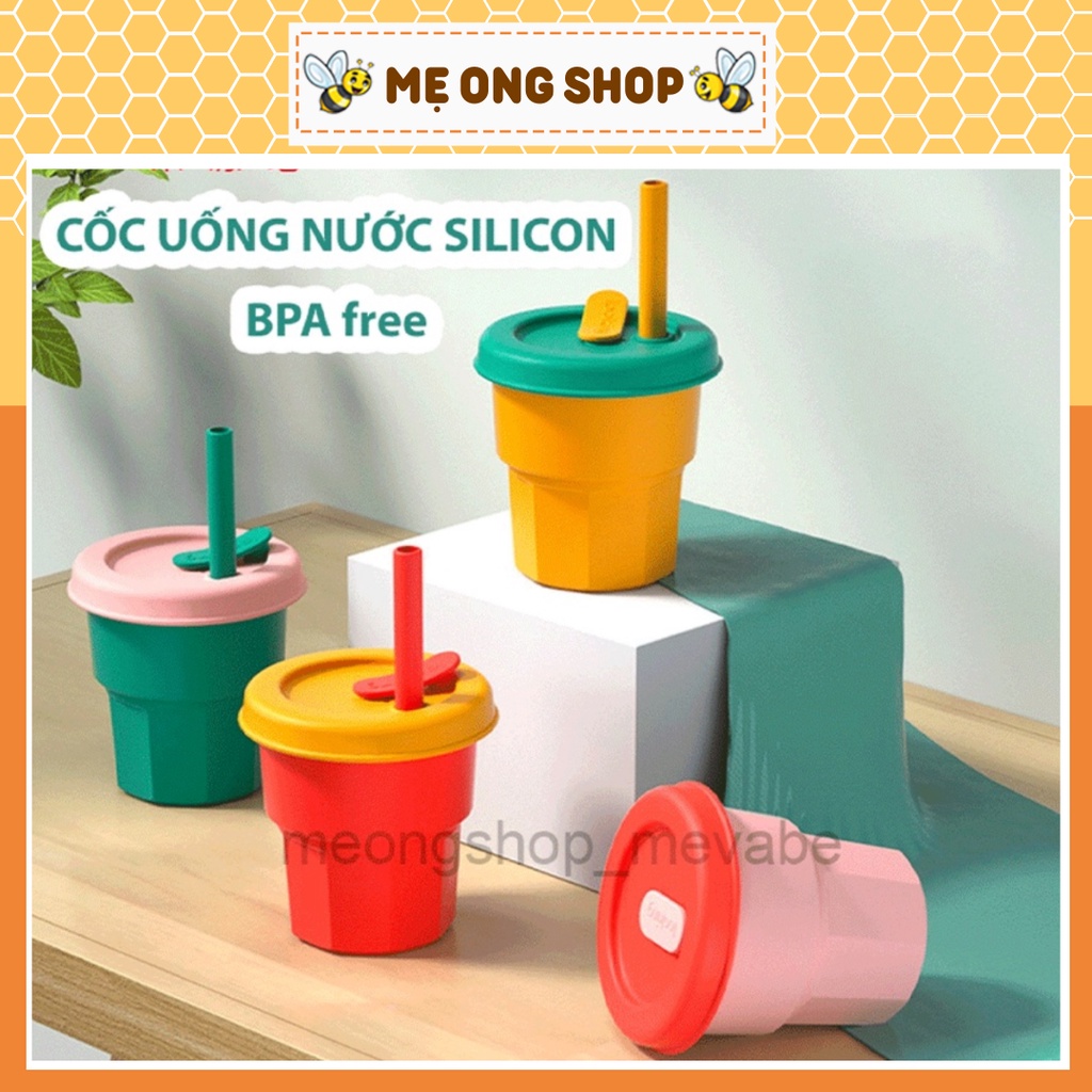 Cốc uống nước Misuta Silicon cao cấp an toàn cho bé 300ml, Tặng Kèm nắp và ống hút