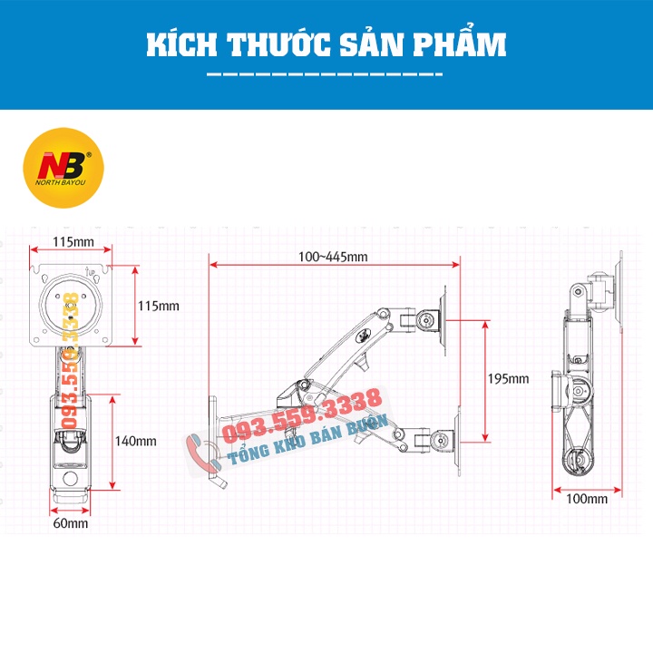 F150 / Giá Treo Màn hình NB F150 gắn tường/ Tay treo/Arm màn hình gắn tường/ Lò xo khí nén [Màn Hình 17&quot; - 35&quot;]