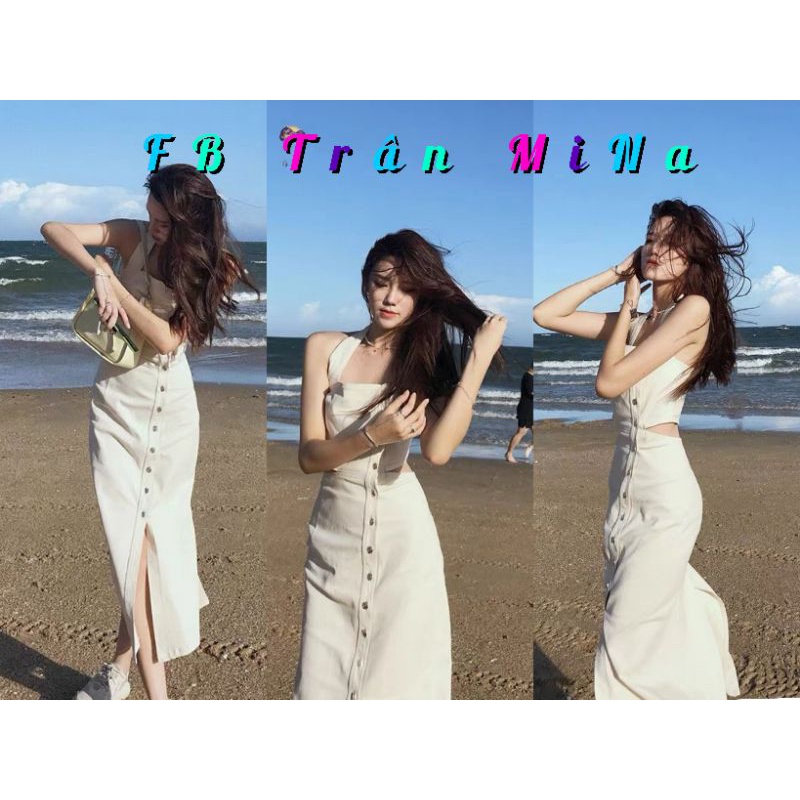 Đầm midi nữ đi chơi 2 dây bản to khoét eo xẻ tà XÃ LỖ HÀNG NEW LOẠI 1