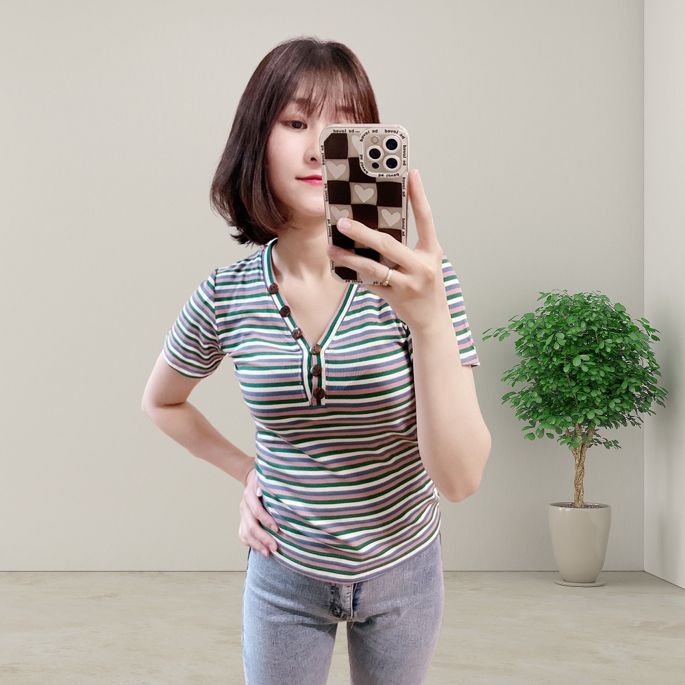 Áo phông nữ mùa hè Cham áo cộc tay cổ tim siêu co dãn kẻ ngang | BigBuy360 - bigbuy360.vn