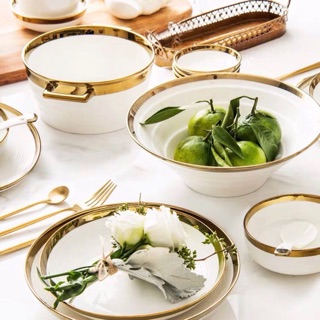 Set bát đĩa sứ xương viền vàng
