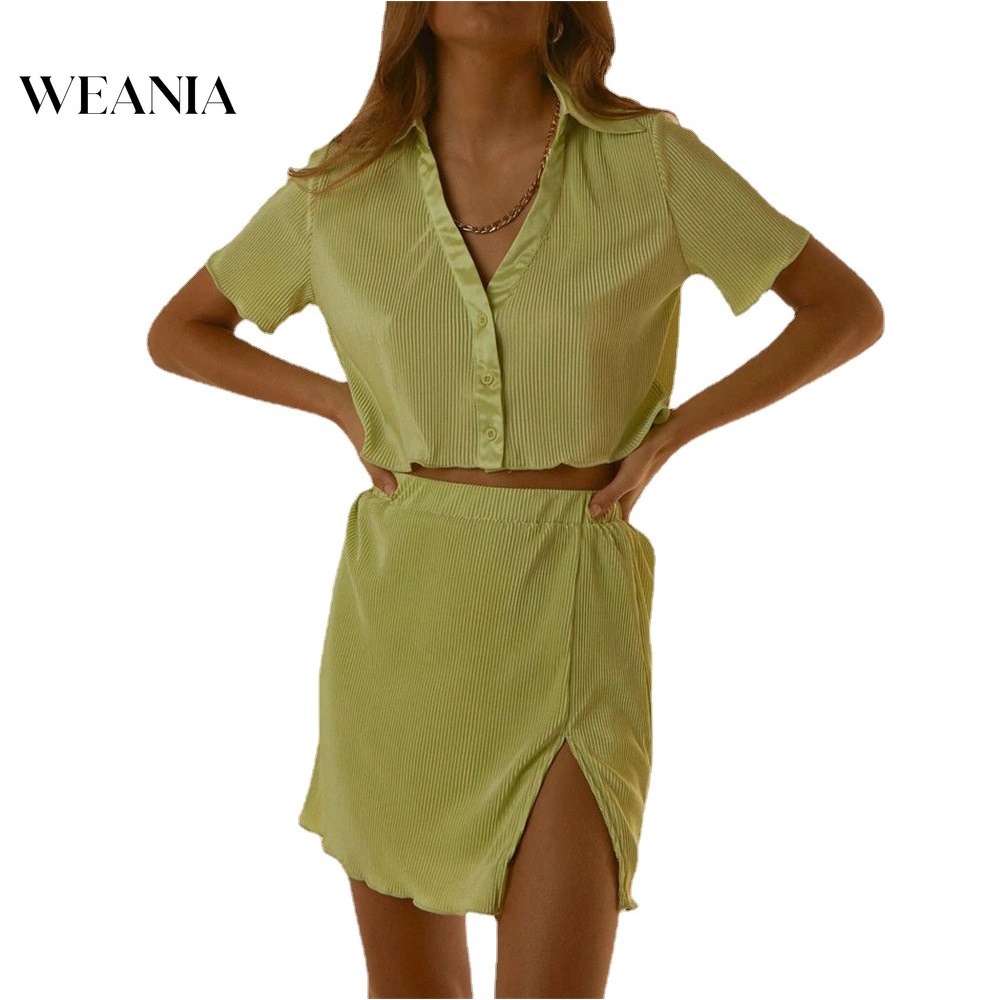 Bộ Áo Sơ Mi Ngắn Tay Xếp Ly Dáng Rộng + Chân Váy Xẻ Tà Xinh Xắn Dành Cho Nữ