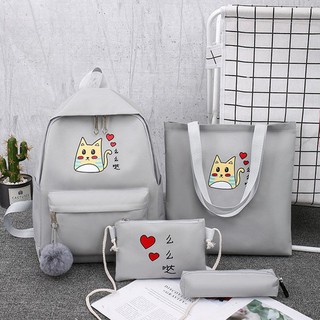Cặp đi học nam nữ, cặp học sinh đi học 4 món với họa tiết chú mèo dễ thương, set balo 4 món như hình giá rẻ