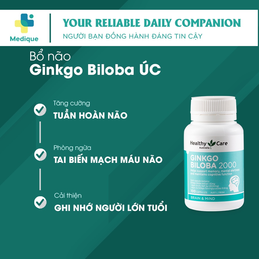 Viên uống Ginkgo Biloba Healthy Care 2000 Úc, Cải Thiện Trí Nhớ, Lưu Thông Máu, Hộp 100 Viên