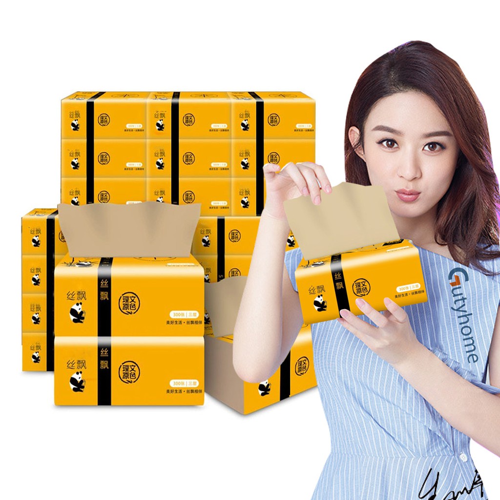 Gói 300 tờ giấy ăn Gấu trúc Sipiao không lớp tẩy trắng, thiết kế 3 lớp thấm hút, siêu dai không rách