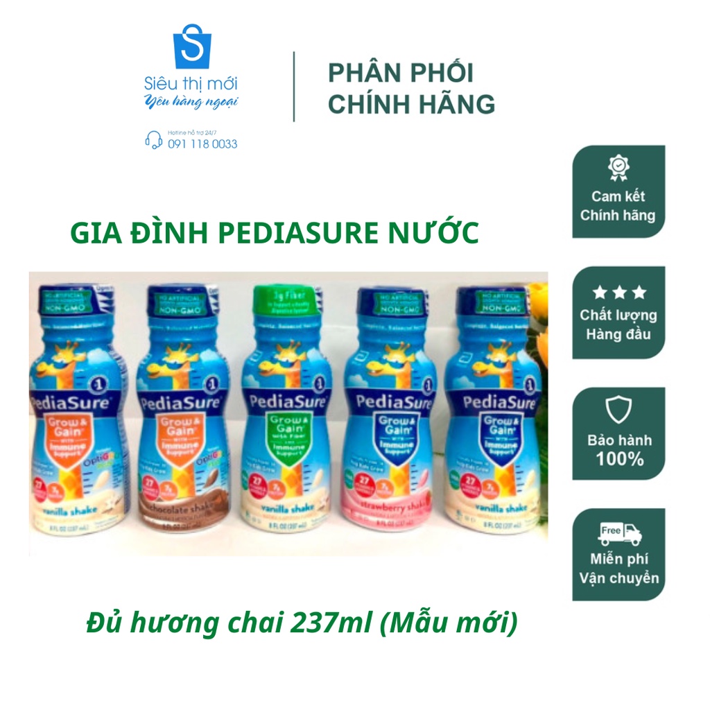 MẪU MỚI Thùng 24 chai Sữa Pediasure nước Vani DHA, Dâu DHA, Fiber 237ml Mỹ (Có mix đủ vị)  Date mới