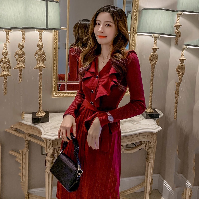 Còn Hàng ~ Váy Giáng Sinh Năm Mới!Đầm Dệt Kim Dài Tay Phối Bèo Màu Đỏ/Đen/Tím Thời Trang Thu Đông Hàn Quốc