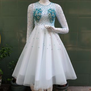 Đầm xòe lưới đính ngọc và hoa ren 4D