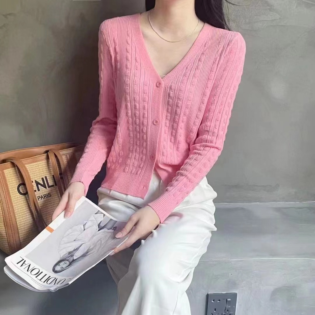 Áo khoác cardigan ZHELIHANGFEI vải dệt kim tay dài dáng rộng cổ chữ V dễ phối đồ