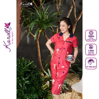 Bộ đồ ngủ pijama lụa cho nữ mặc nhà Jcvcoll - Karoll NH21.173 lụa cổ phối cốc kem tay ngắn quần lủng 2 màu hồng, đỏ