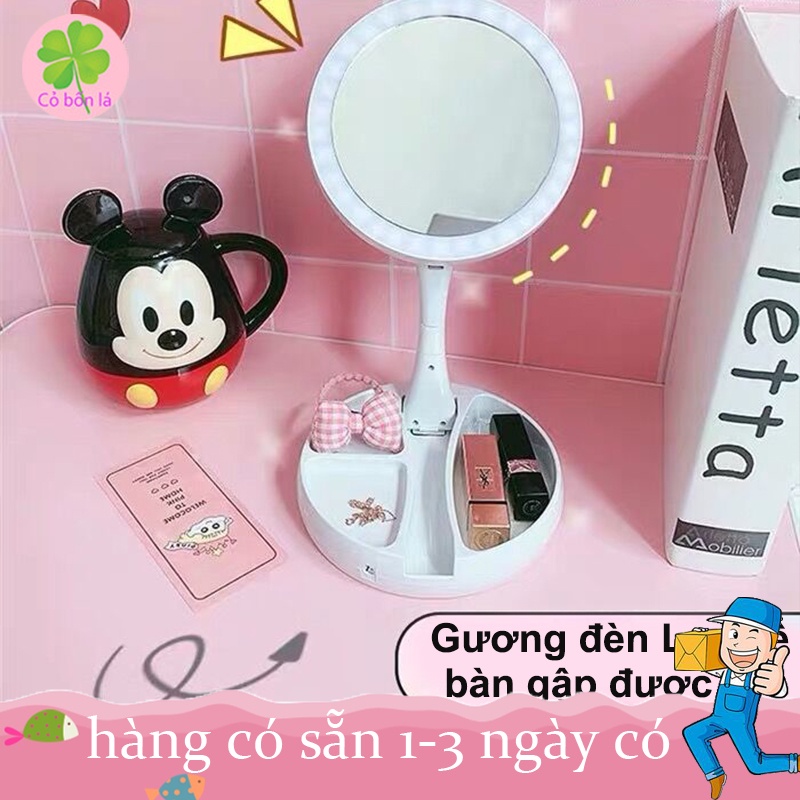 Gương trang điểm để bàn phấn có đèn led sạc kính tròn makeup phóng đại lật 2 mặt xoay 360 độ mini gấp gọn