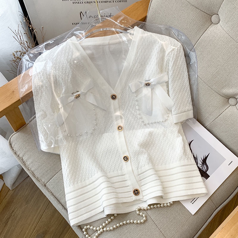 Áo Khoác cardigan Cổ Chữ V Phối Túi Đính Nơ Xinh Xắn Thời Trang