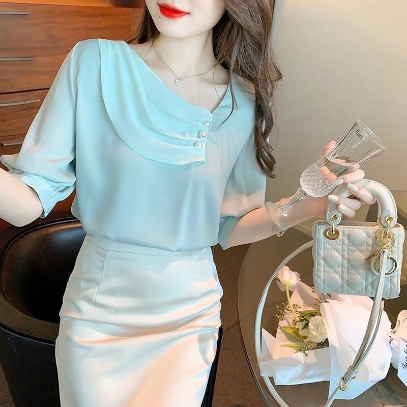 Áo chiffon thời trang hè 2022 tay ngắn dành cho nữ phong cách Pháp